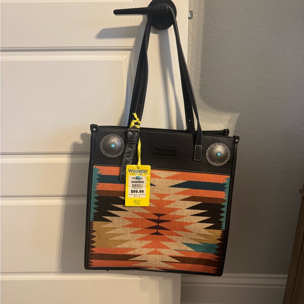 Wrangler Black and Orange Geometric Tote Bag